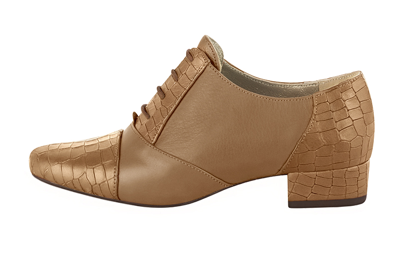 Camel beige women's essential lace-up shoes. Round toe. Low block heels. Profile view - Florence KOOIJMAN